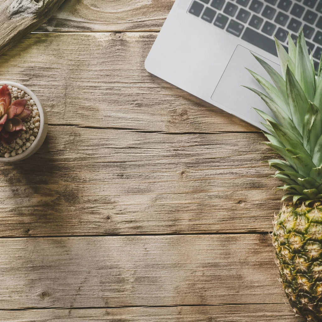 Rustic Desk Flat Lay with Laptop and Plant