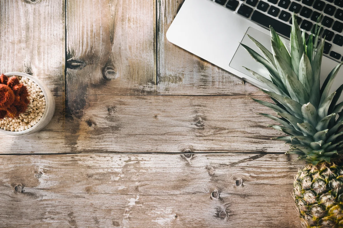 Rustic Laptop Workspace With Pineapple and Succulent