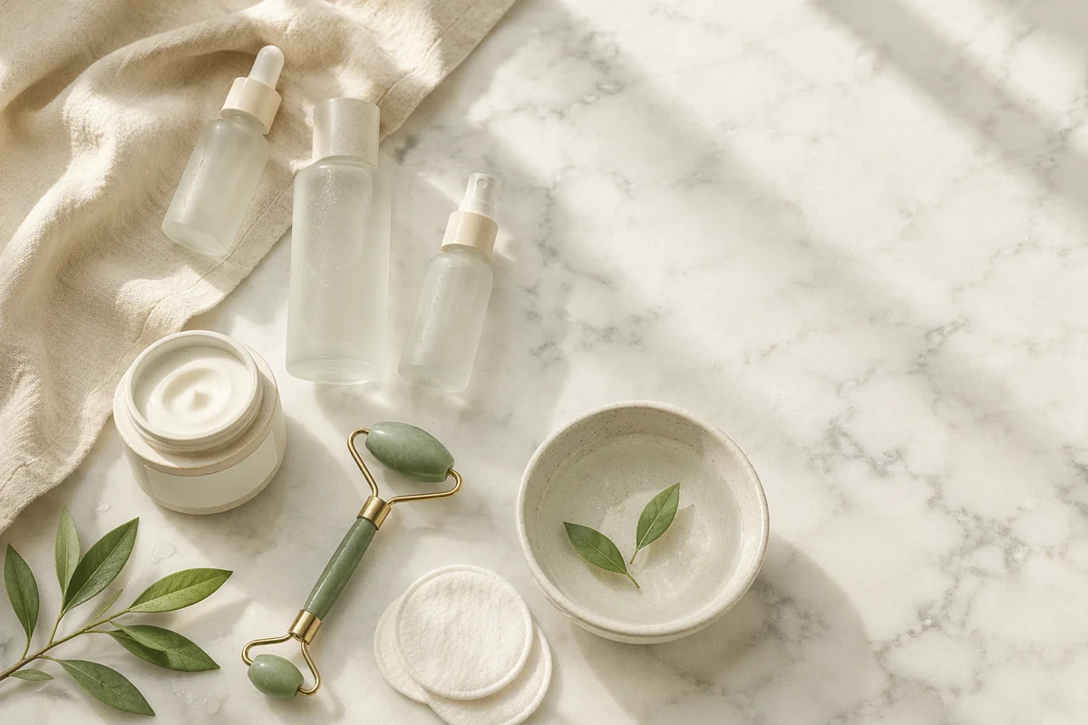 Elegant Skincare Flat Lay on Marble