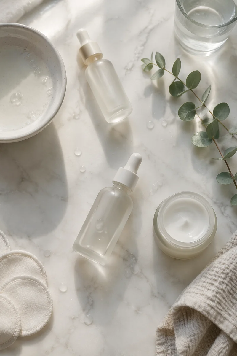 Calm Morning Skincare Flat Lay on Marble