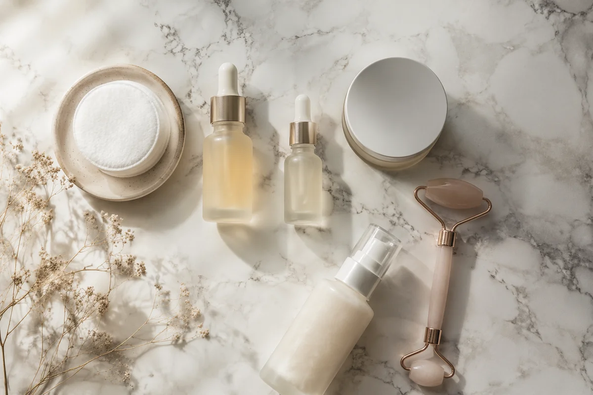 Elegant Skincare Flat Lay on Marble