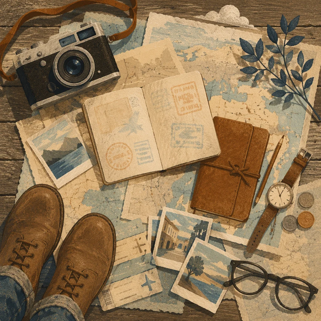 Vintage Travel Essentials Flat Lay Scene
