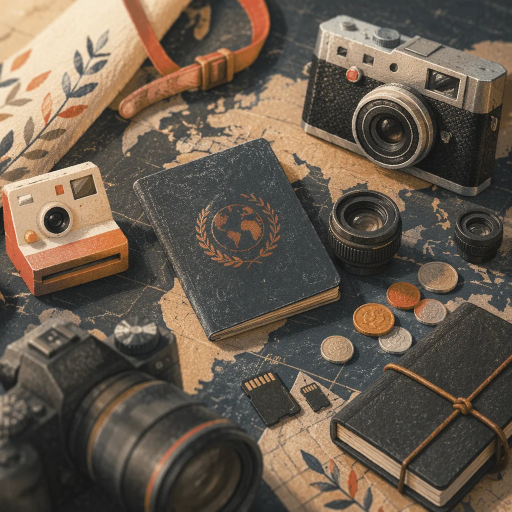 Travel Essentials Flat Lay on Vintage Map