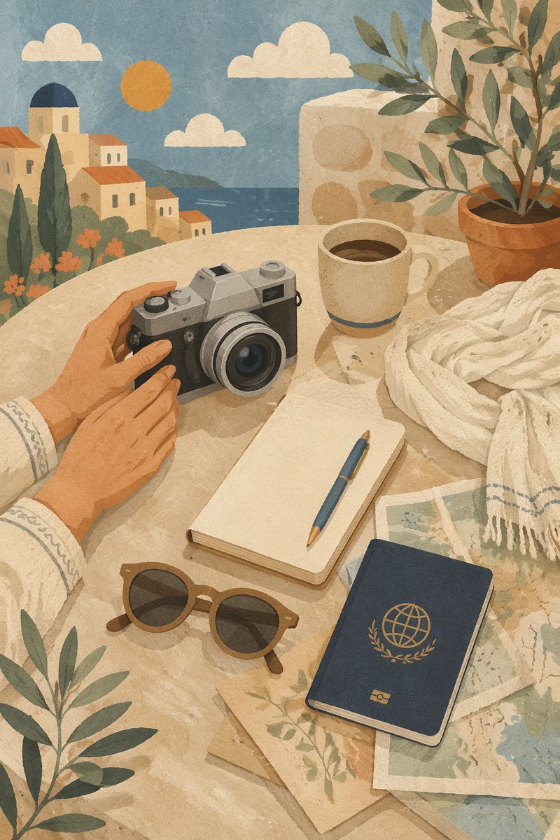 Sunlit Travel Essentials on Café Table