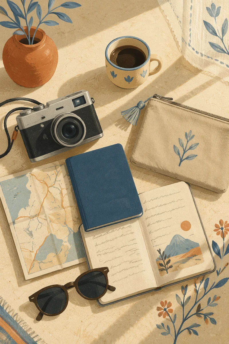Sunlit Flat Lay Travel Essentials Scene