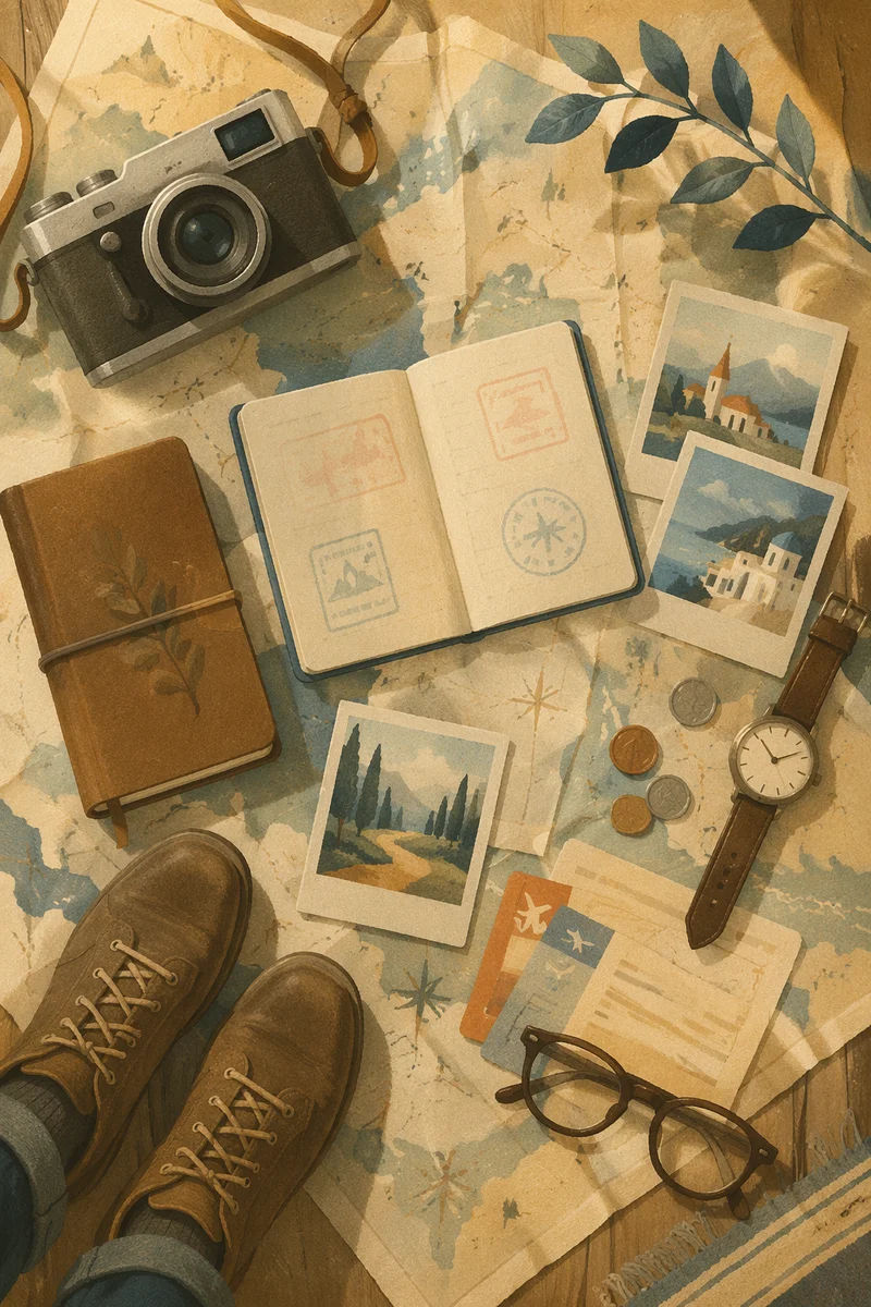 Vintage Travel Essentials Flat Lay Scene