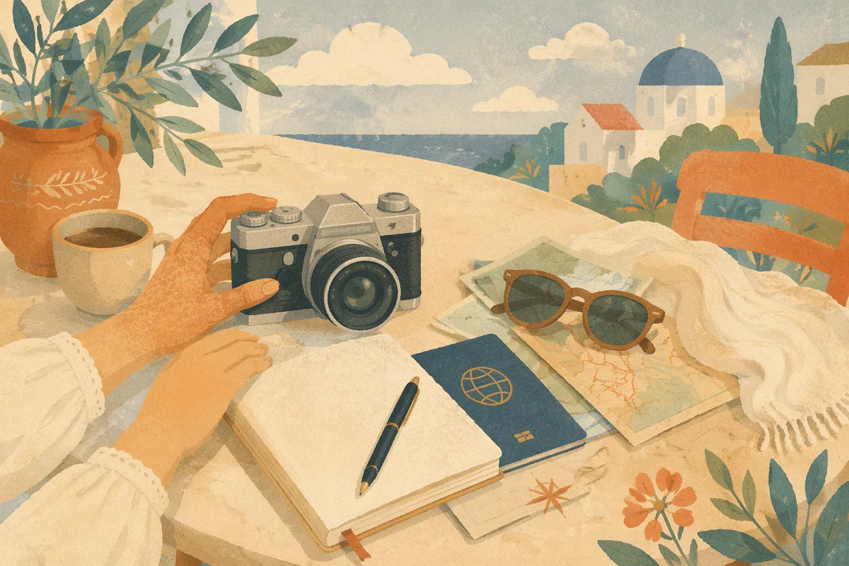 Sunlit Travel Essentials on Café Table