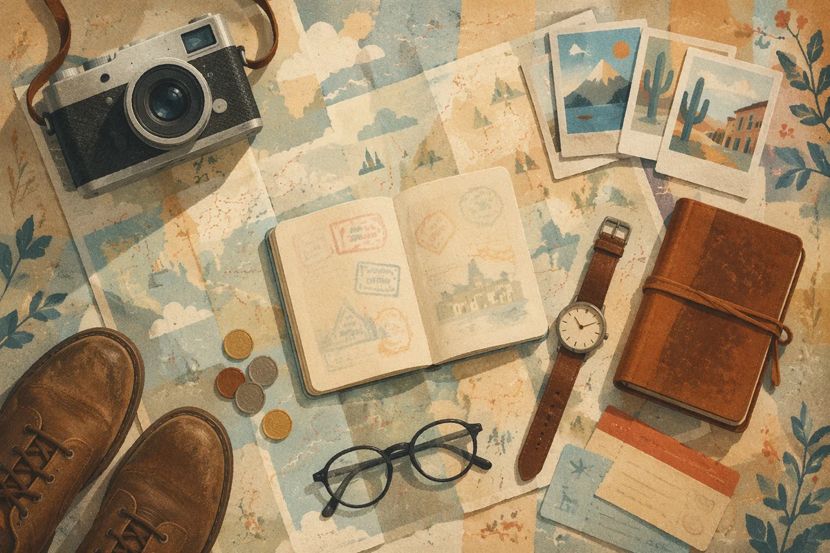 Vintage Travel Essentials Flat Lay Scene