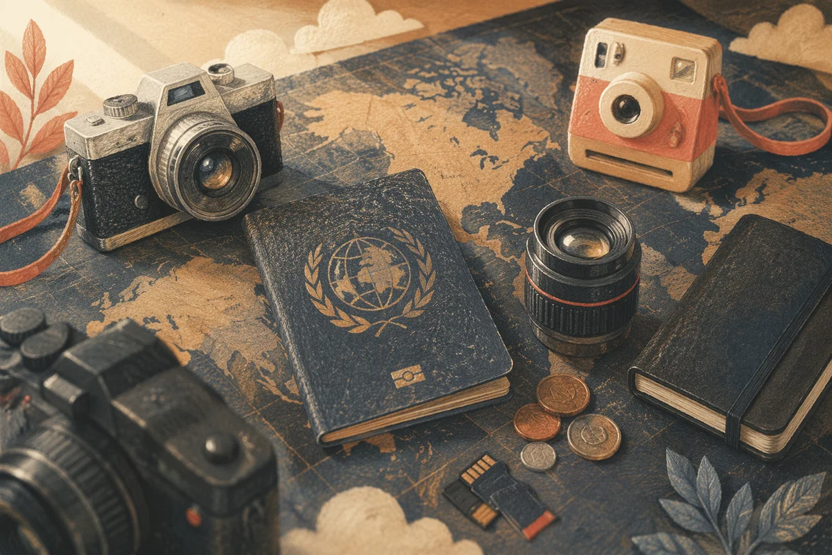 Travel Essentials Flat Lay on Vintage Map