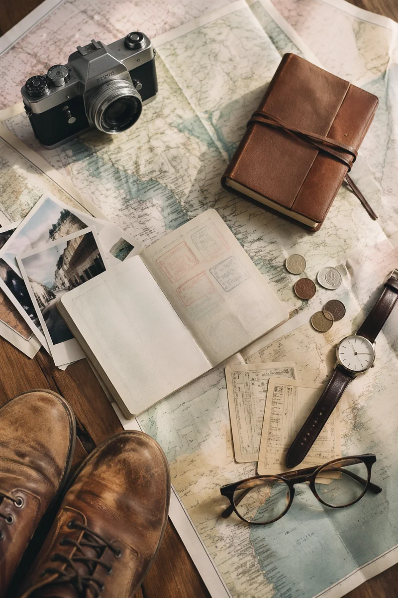 Photorealistic Flat Lay Travel Planning Essentials