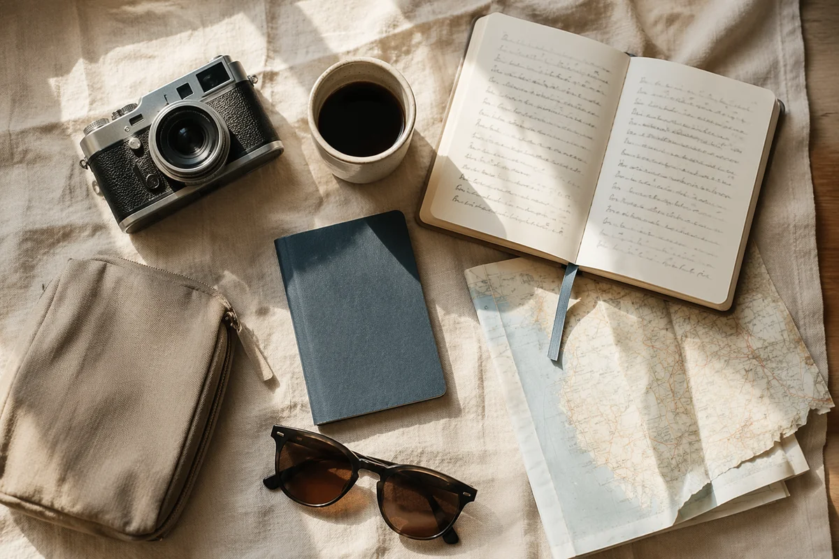 Sunlit Flat Lay Travel Essentials Scene