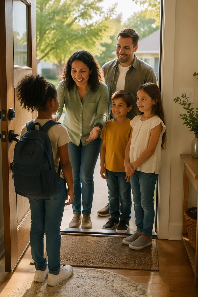 Family Welcoming Child at Front Door
