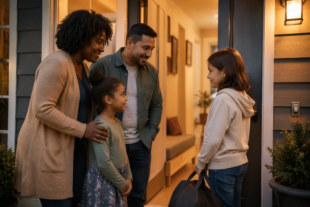 Family Welcoming Child at Front Door