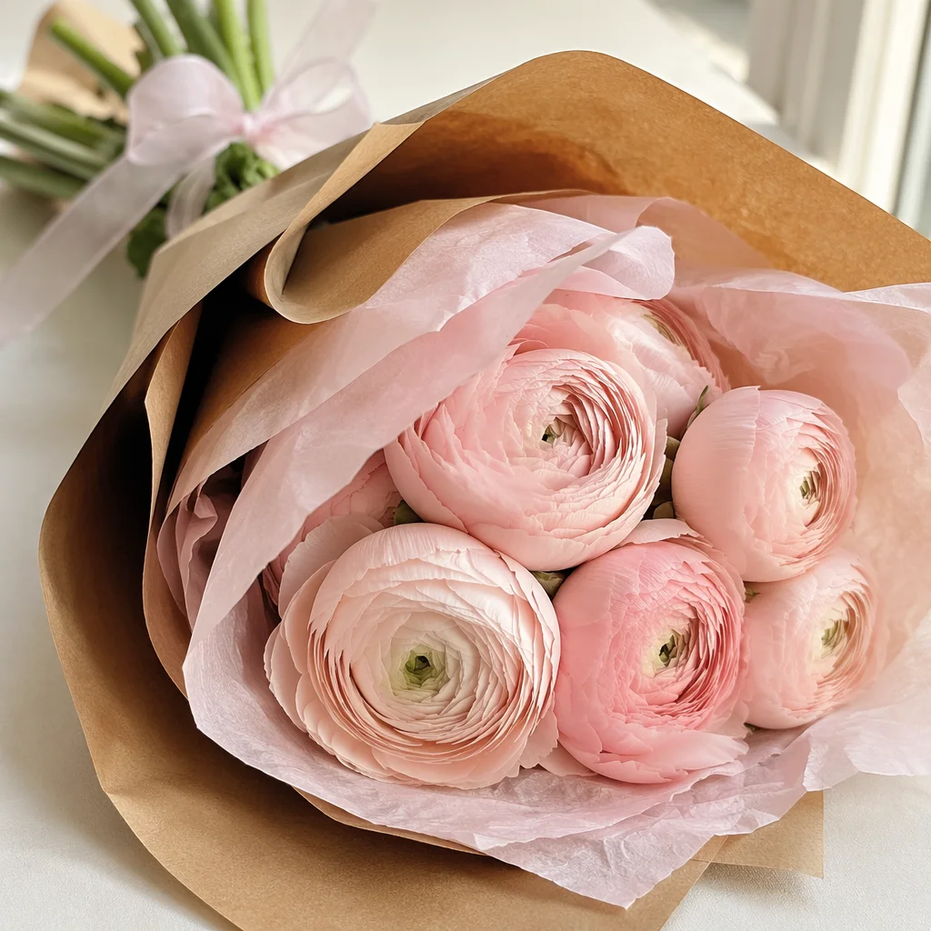 Blush Ranunculus Bouquet Wrapped in Kraft Paper
