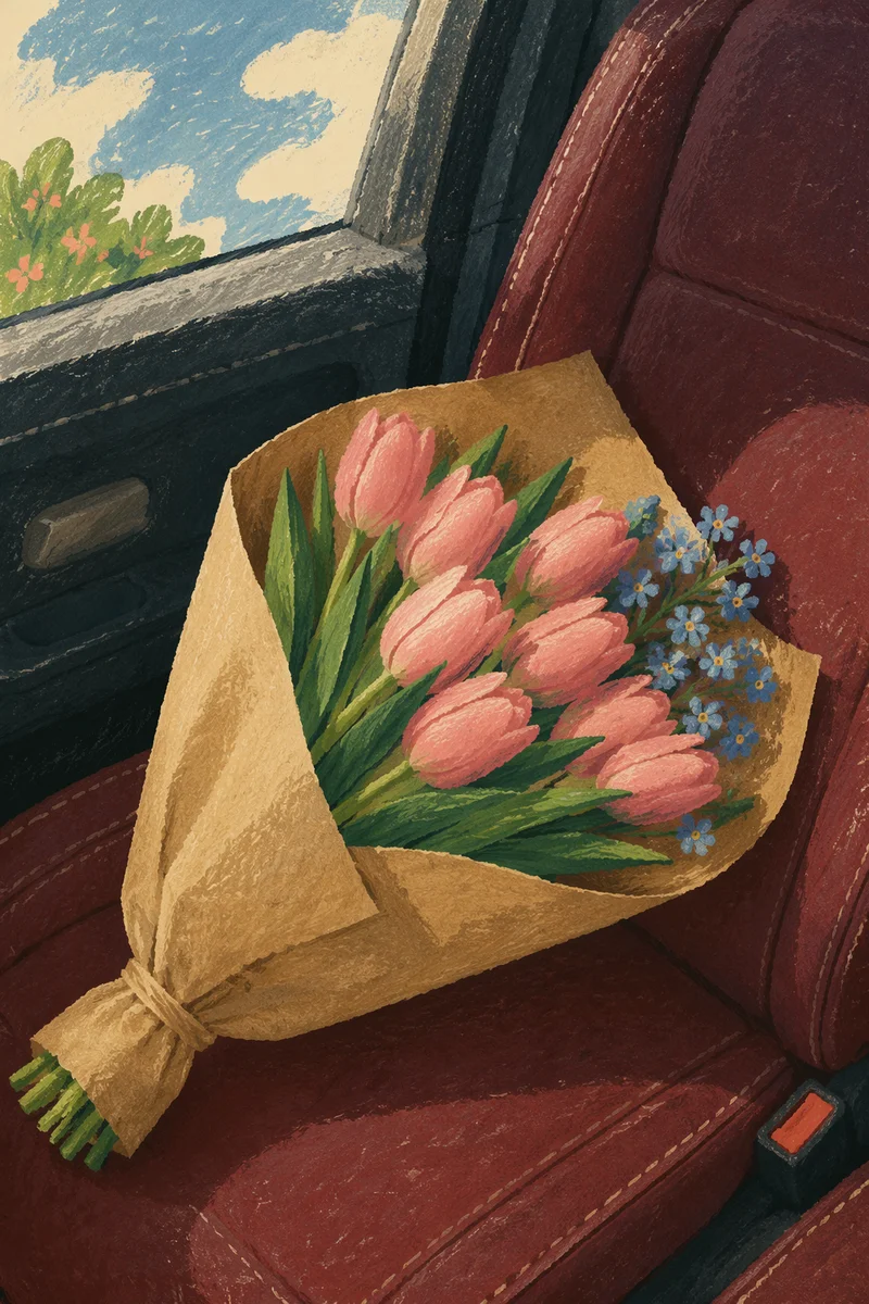 Fresh Tulip Bouquet on Burgundy Car Seat