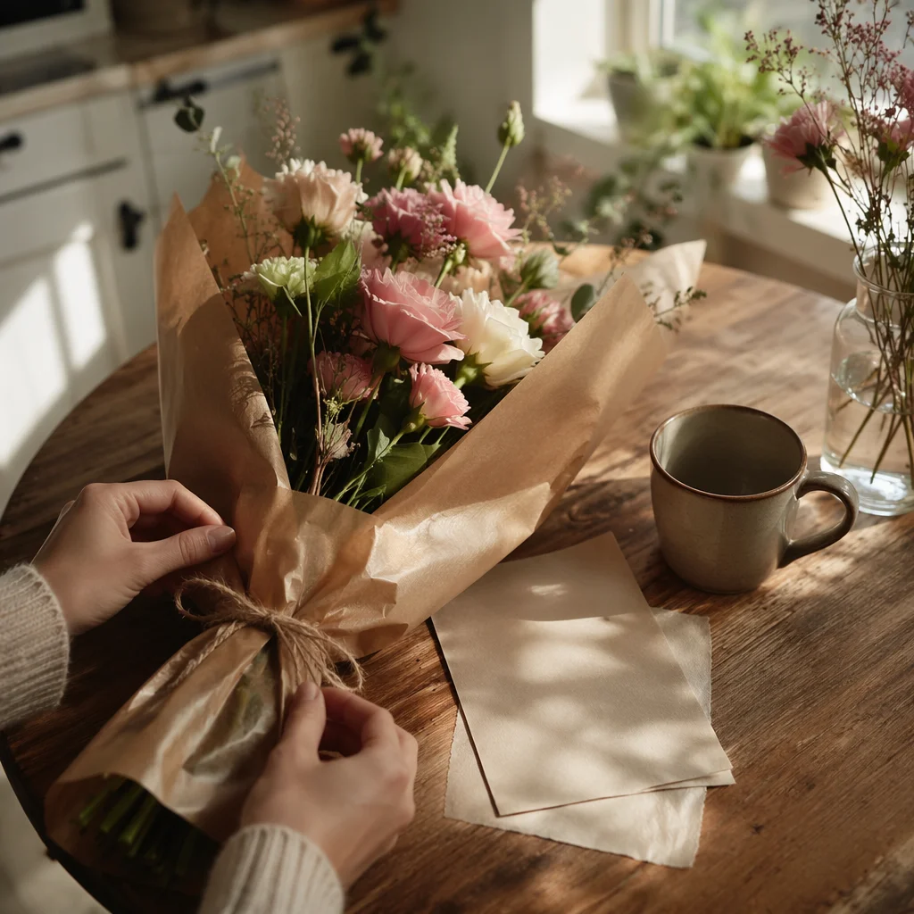 Fresh Cut Bouquet Gift on Breakfast Table
