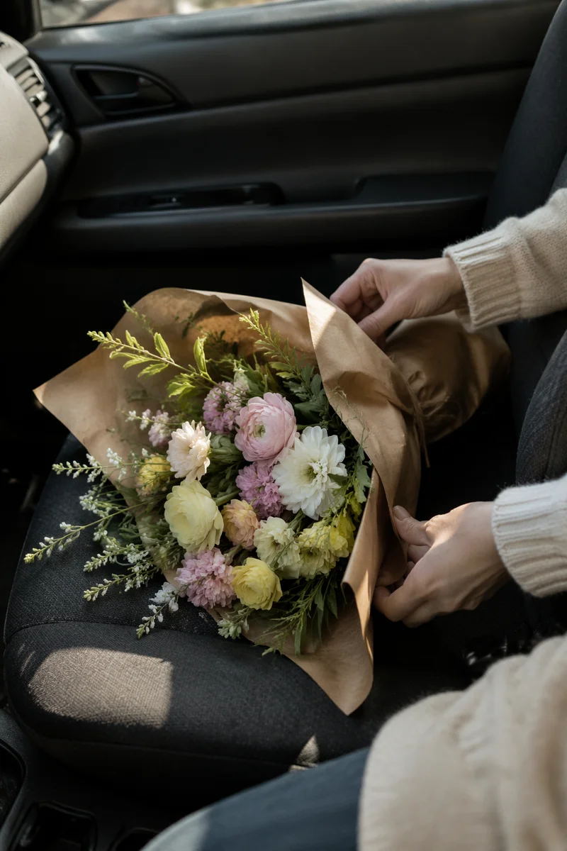 Fresh Spring Bouquet on Car Seat