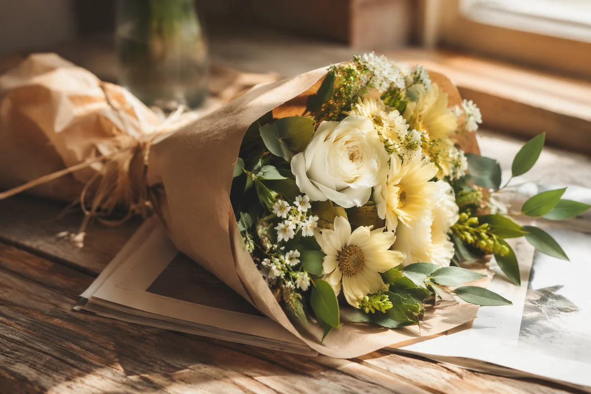 Rustic Kraft Wrapped Cream Flower Bouquet