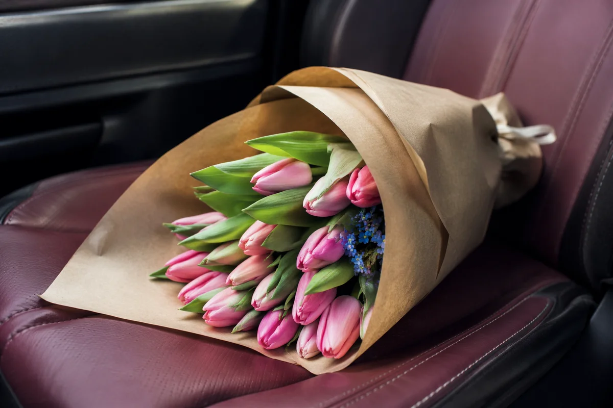 Fresh Pink Tulip Bouquet on Burgundy Car Seat