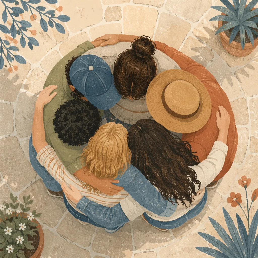 Overhead Friends Group Hug in Sunlit Courtyard