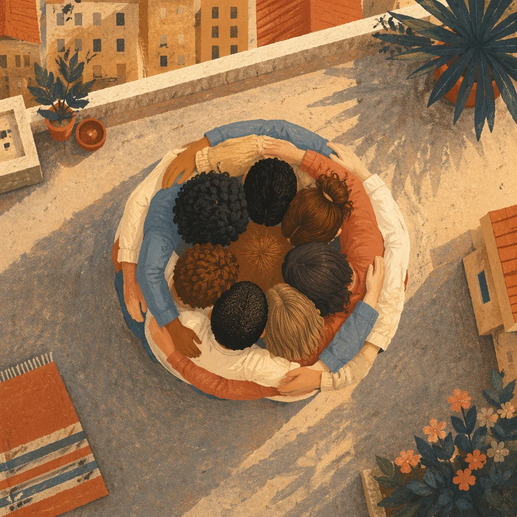 Overhead Friends Group Hug at Golden Hour