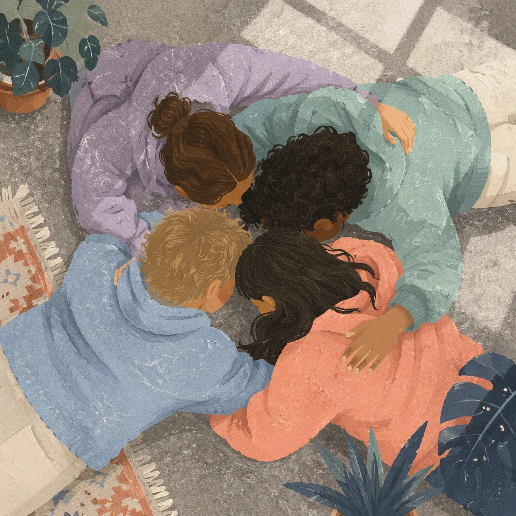 Diverse Friends Sharing Overhead Circle Hug