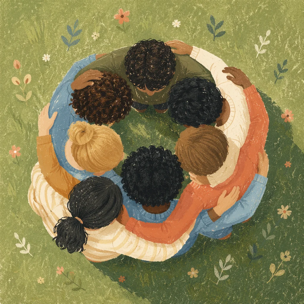 Overhead Friends Group Hug on Grass