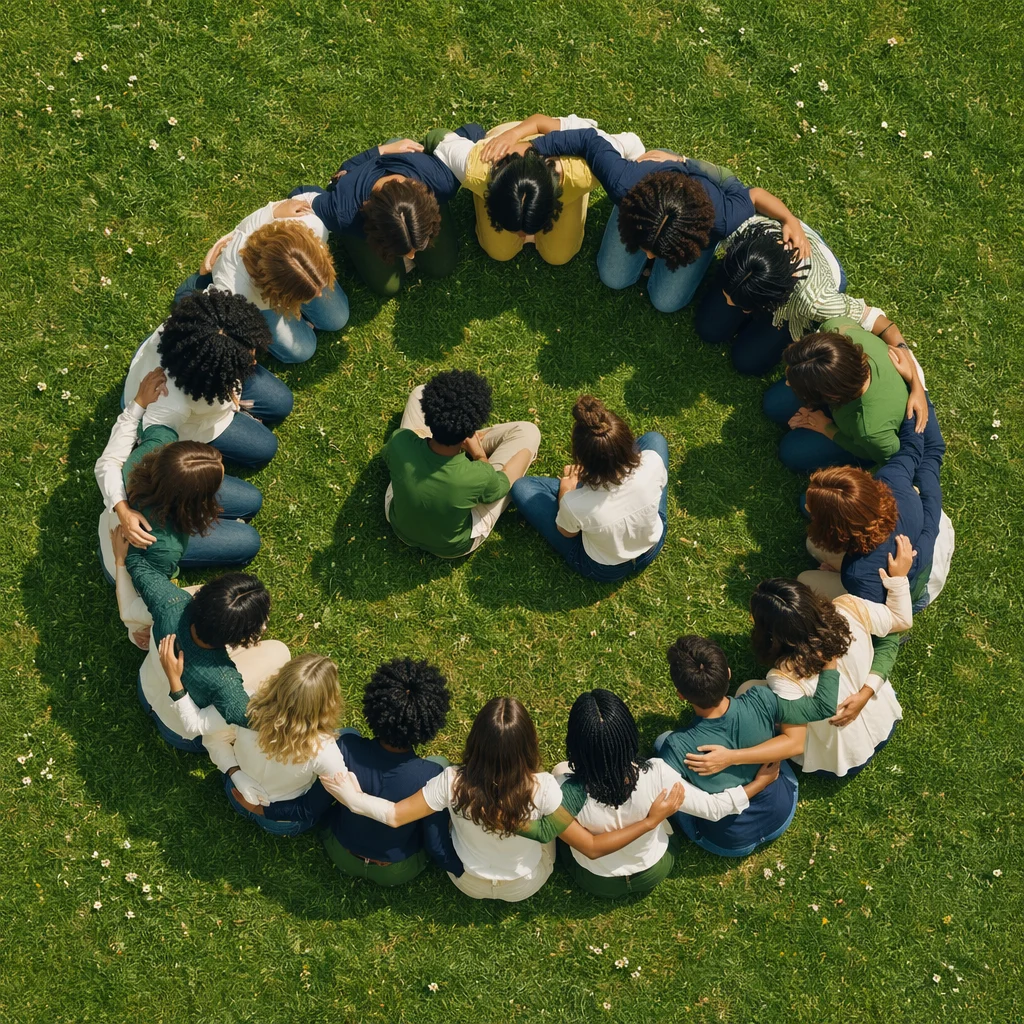 Overhead Friends Group Hug on Green Lawn