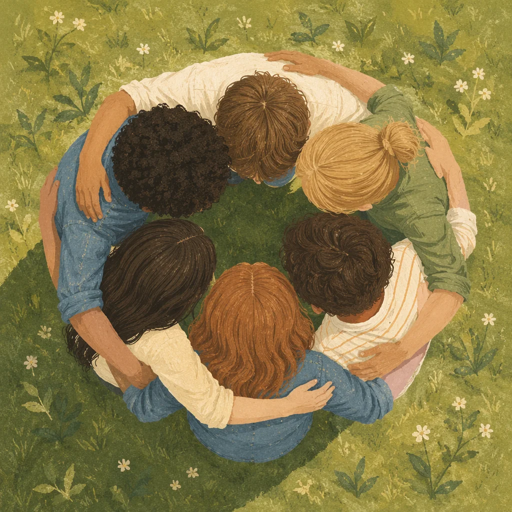 Overhead Friends Group Hug on Grass