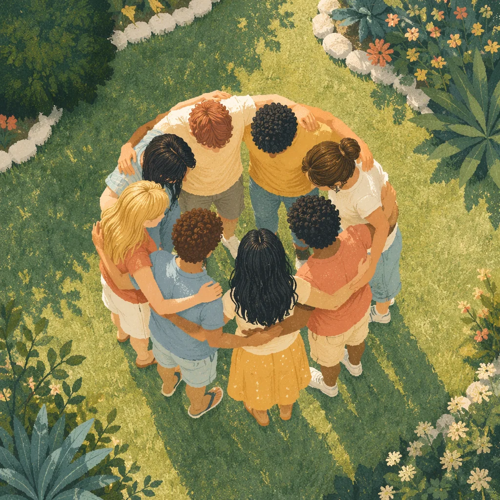 Overhead Friendship Circle on Sunny Green Lawn