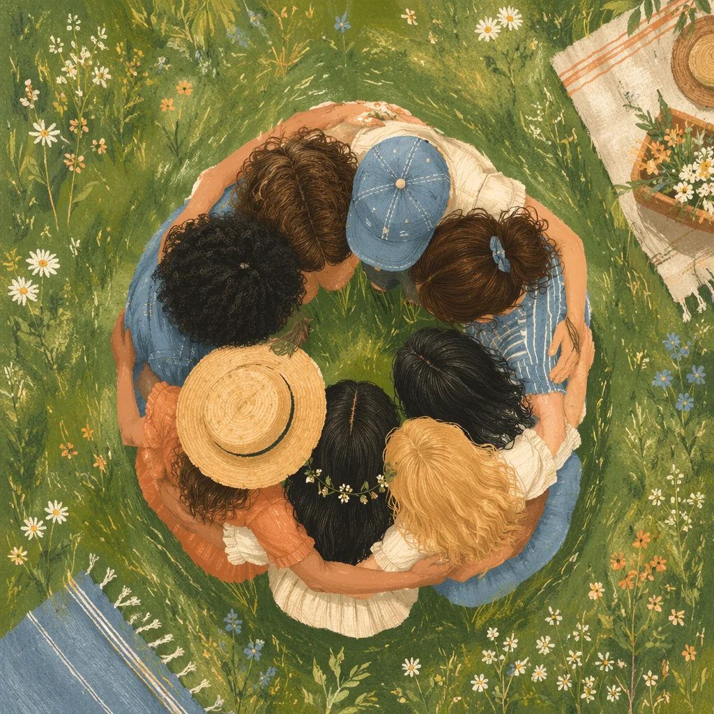 Friends Group Hug Circle in Sunny Meadow