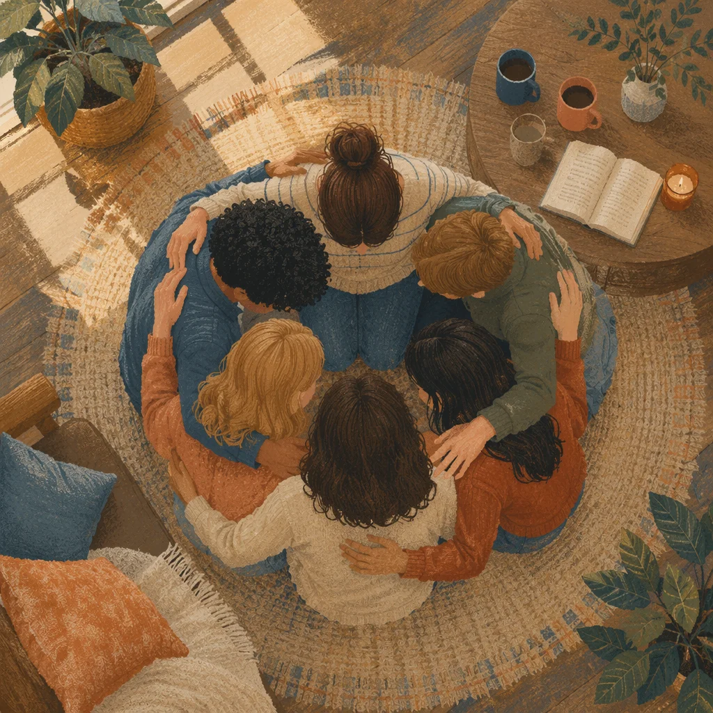 Overhead Friends Circle Hug in Warm Living Room