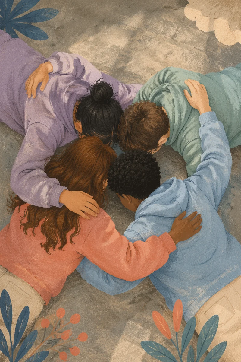 Overhead Circle of Friends in Pastel Hoodies