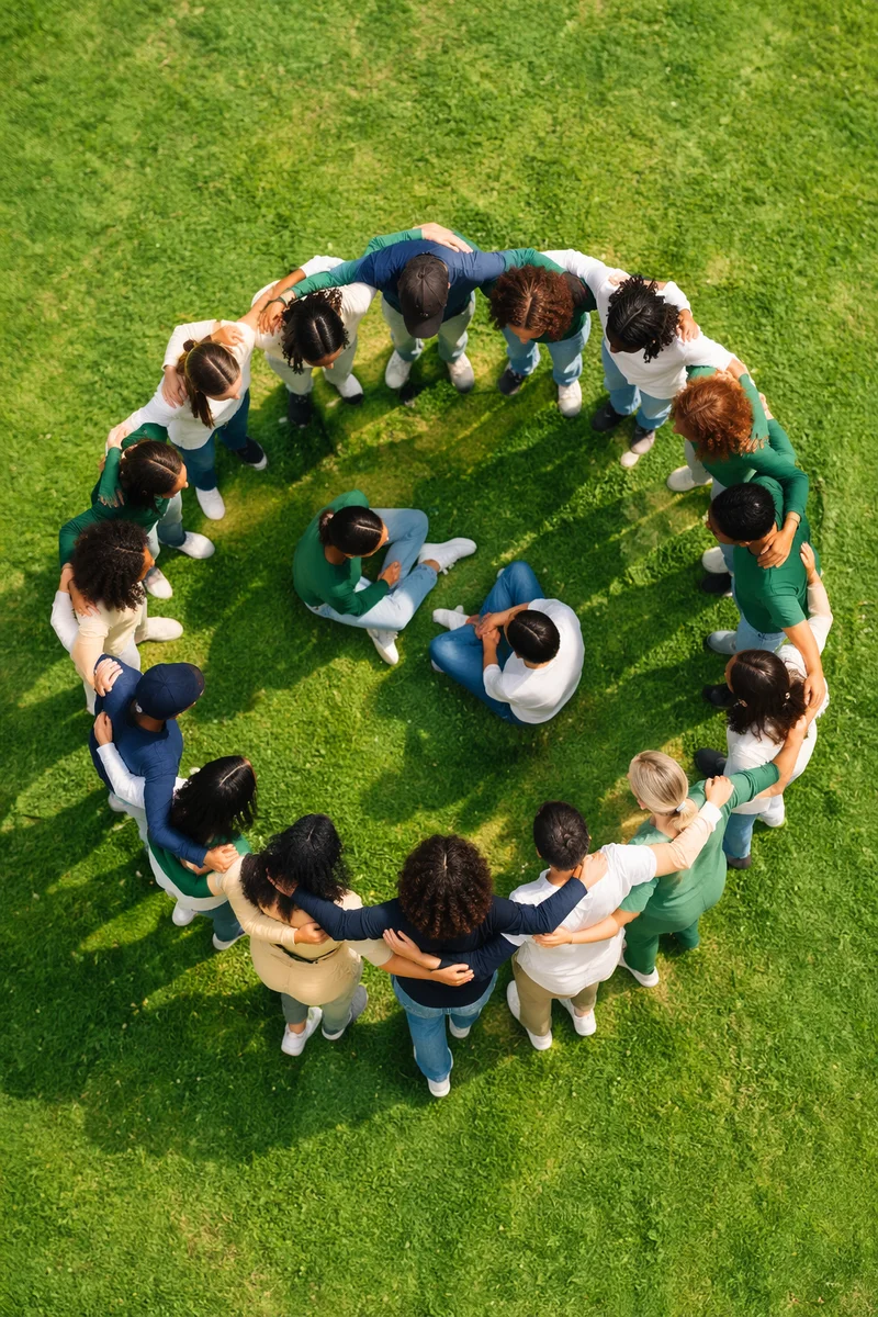 Overhead Friends Group Hug on Green Lawn