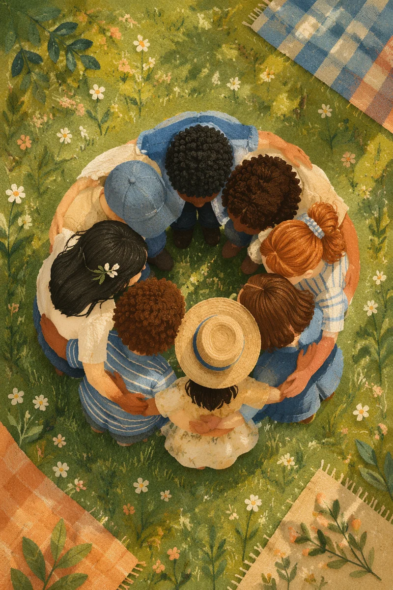 Friends Group Hug Circle in Sunny Meadow