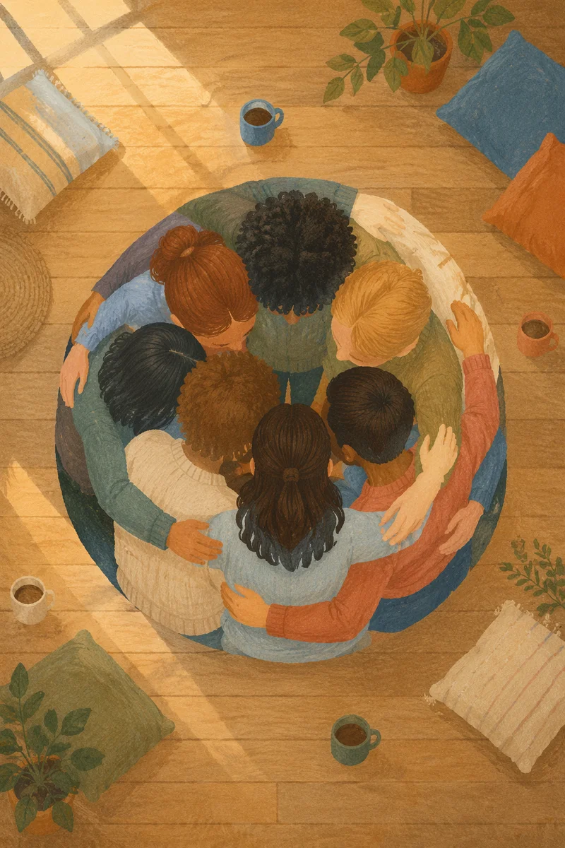 Overhead Friends Group Hug in Community Room