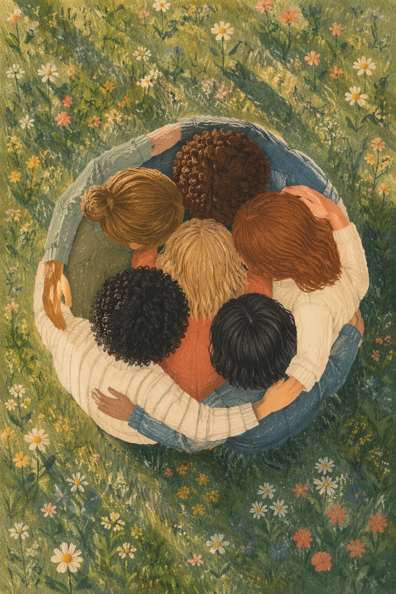 Overhead Friends Group Hug in Meadow