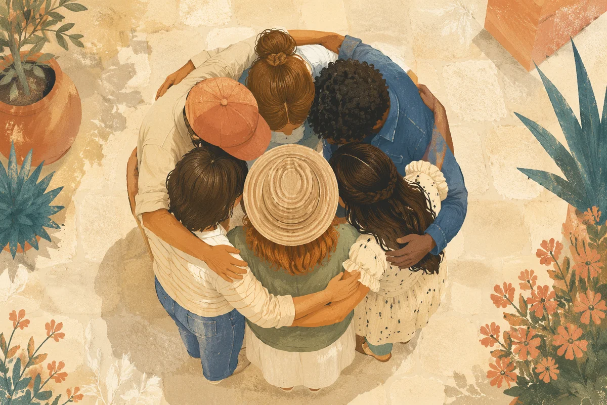 Overhead Friends Group Hug in Sunlit Courtyard