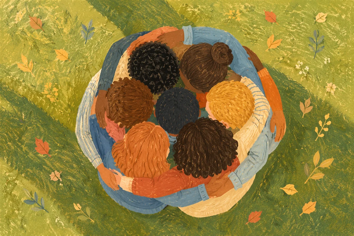 Overhead Friends Group Hug on Sunny Lawn