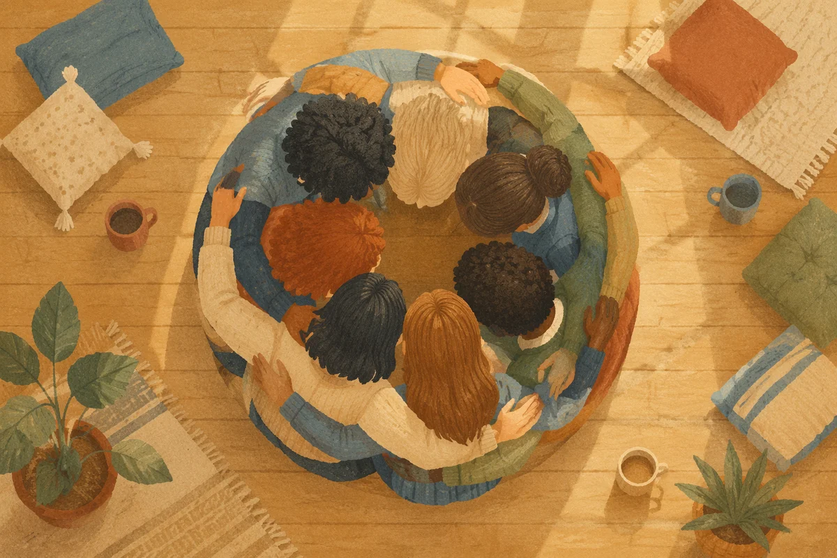 Overhead Friends Hug Circle in Community Room