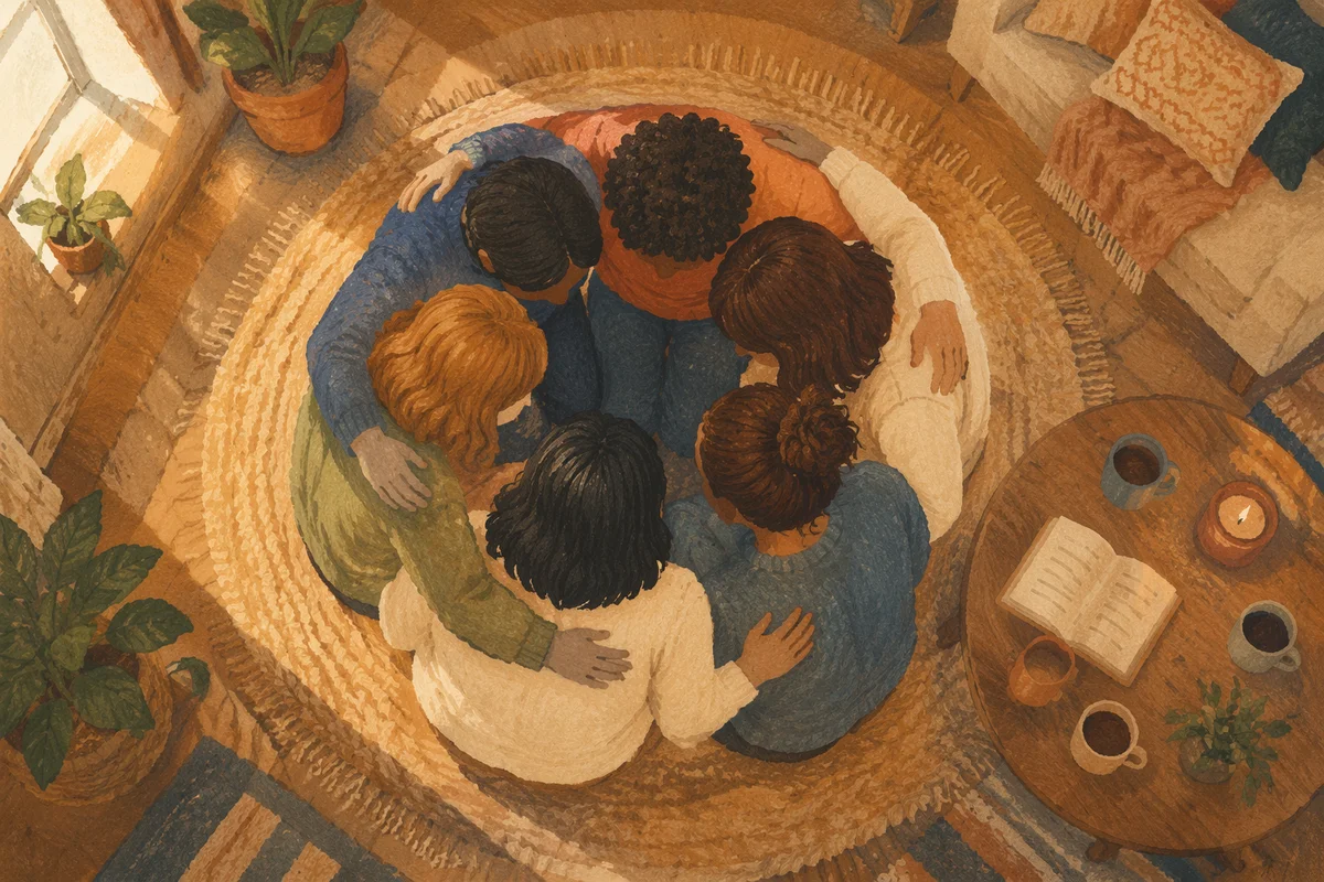Overhead Friends Circle Hug in Warm Living Room