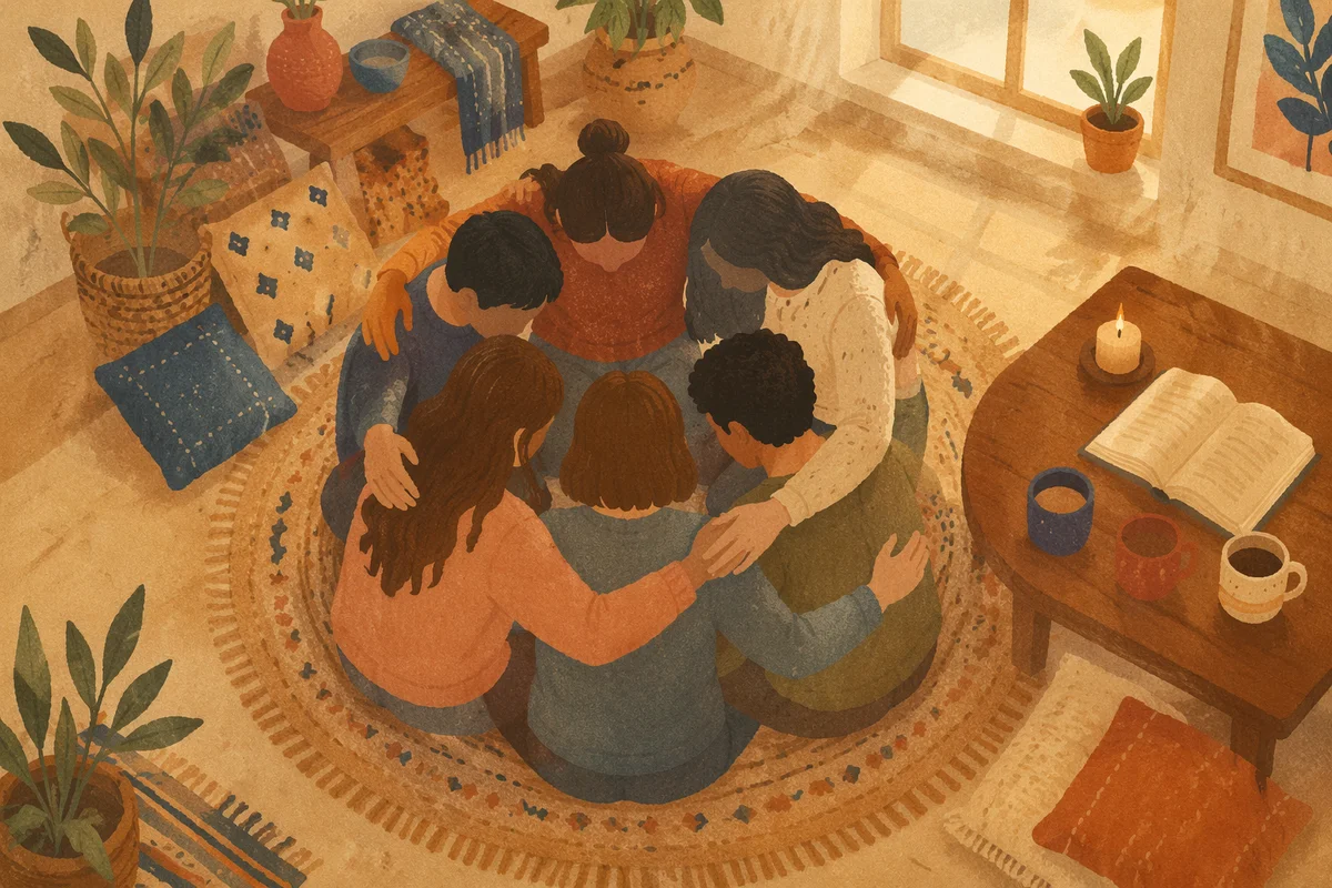 Overhead Friends Hug After Faith Gathering