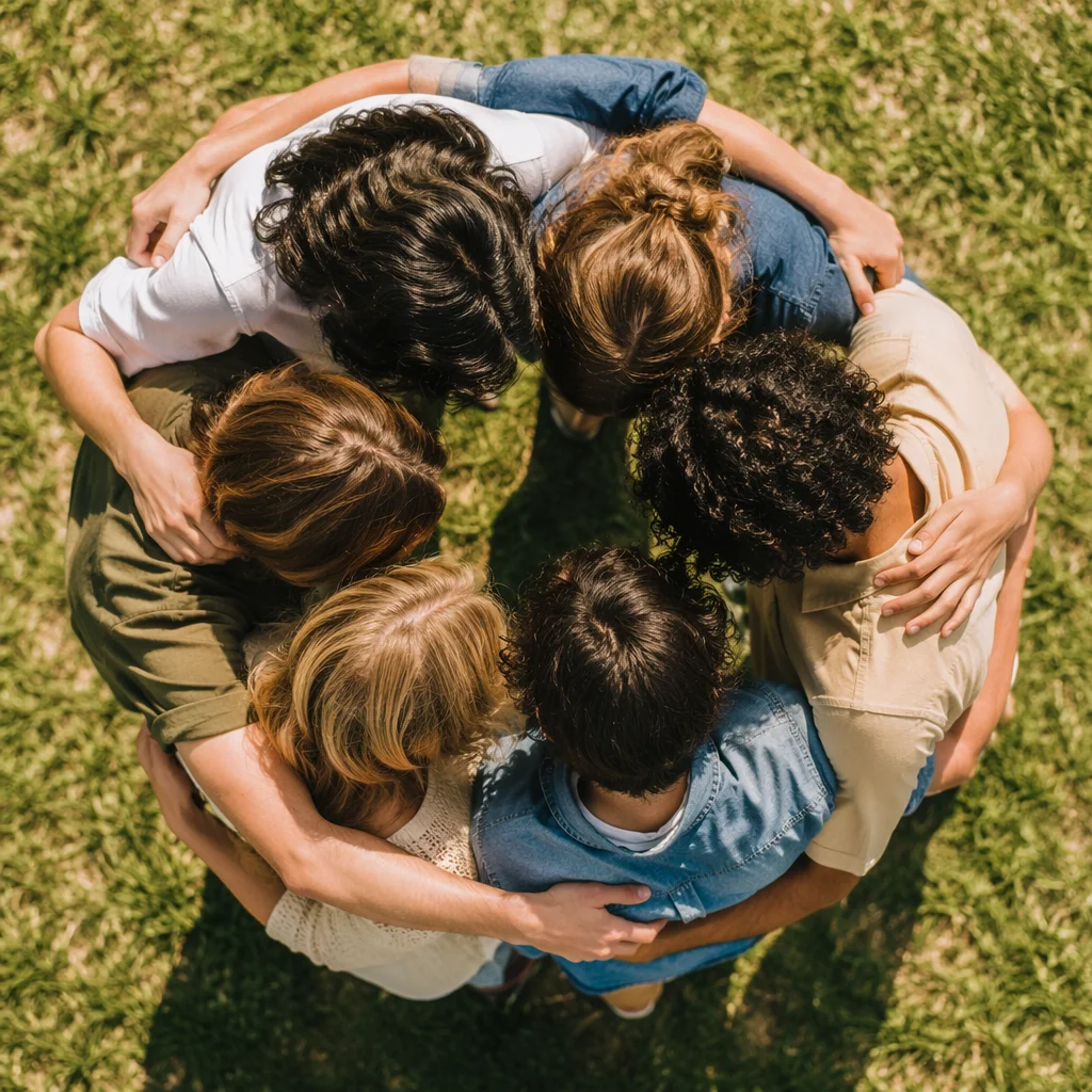 Overhead Friends Group Hug on Grass