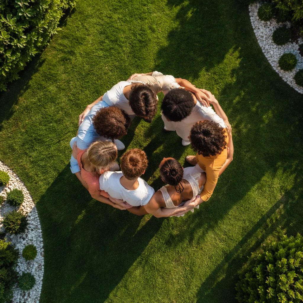 Friends Group Hug Circle on Green Lawn