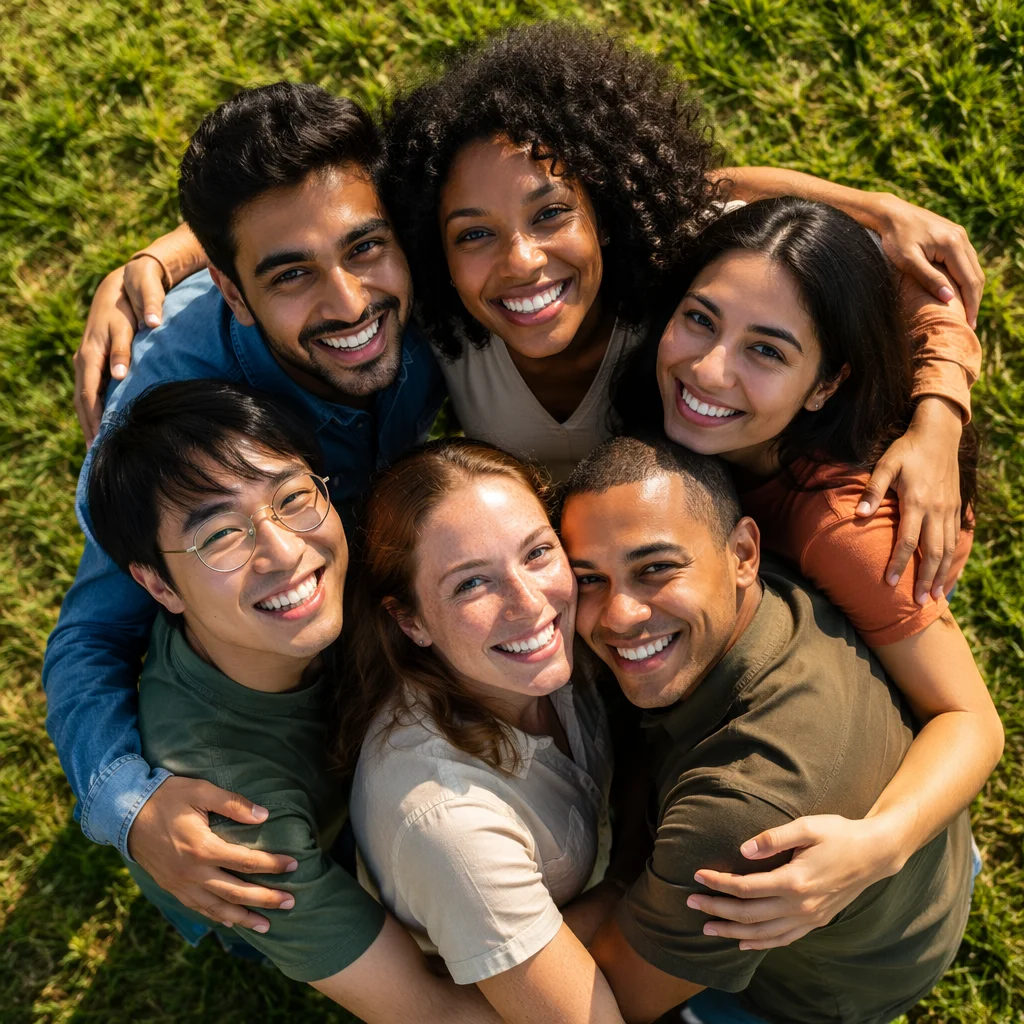 Six Friends Hug Circle in Park