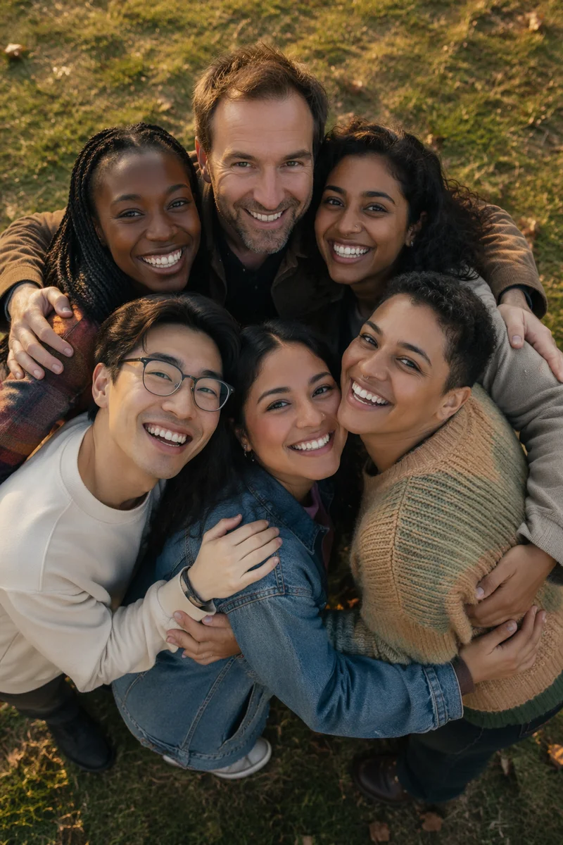 Six Friends Hugging in Park Circle