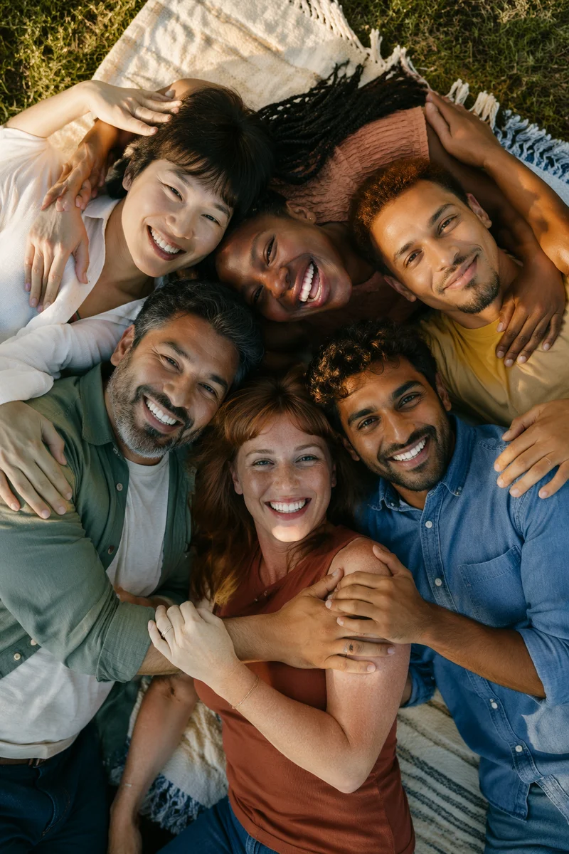 Six Friends Hugging in Park Circle