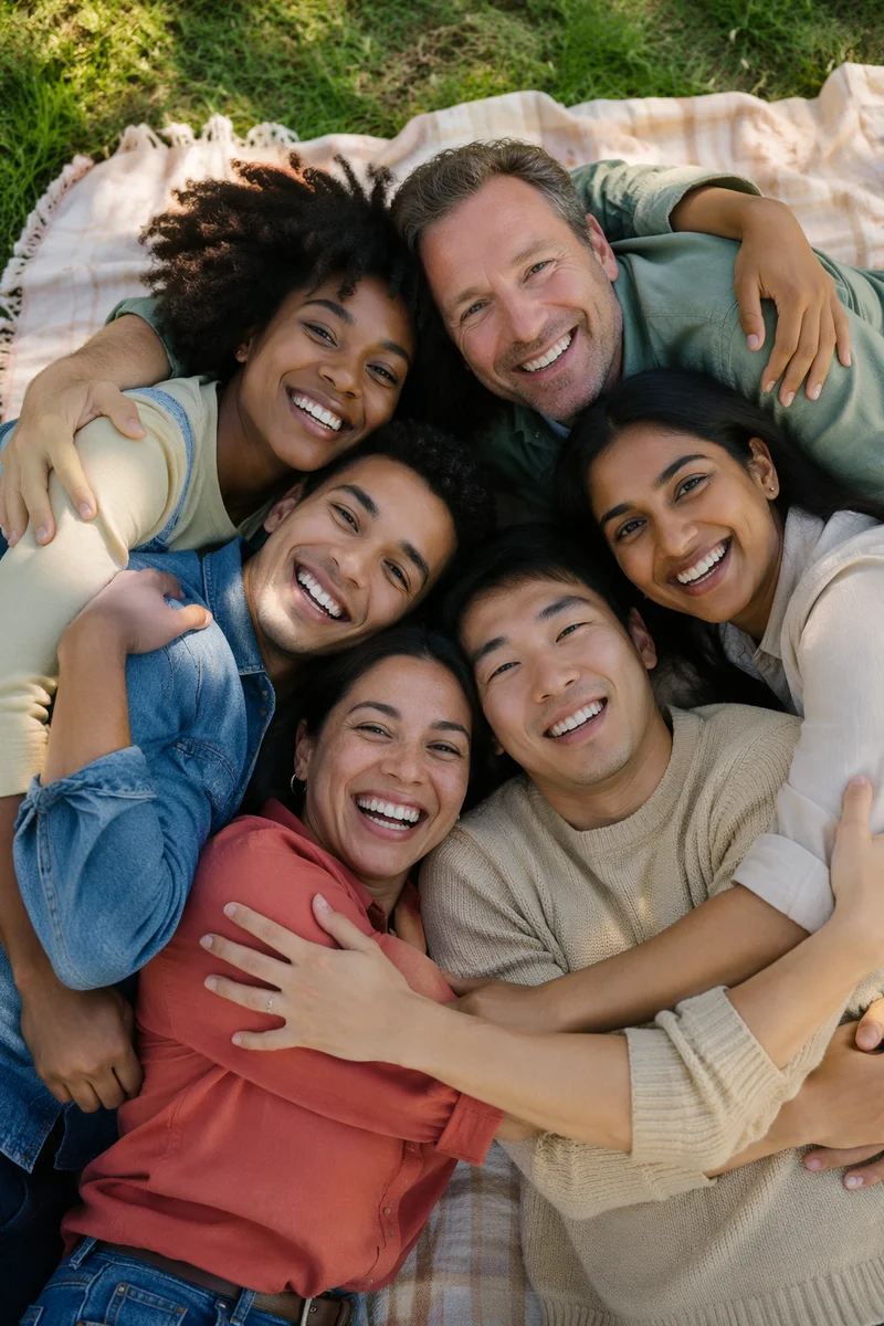 Six Friends Hugging on Picnic Blanket