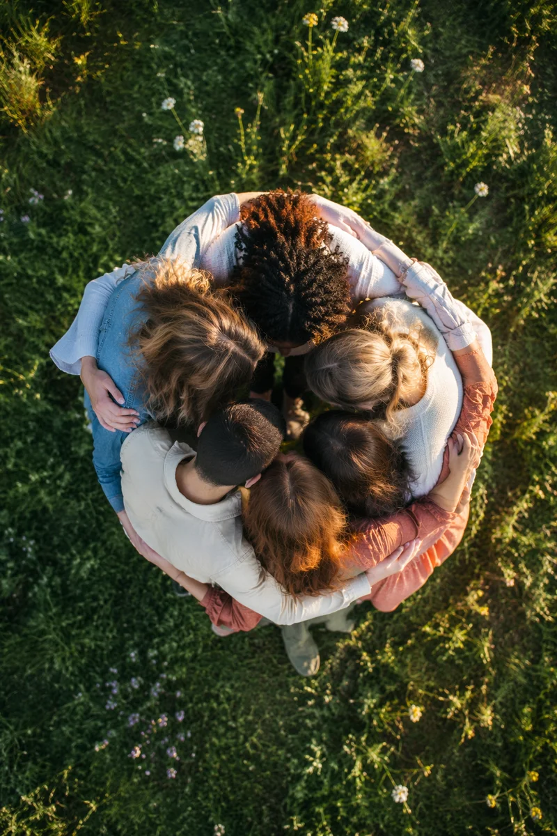 Overhead Friends Group Hug in Sunlit Meadow