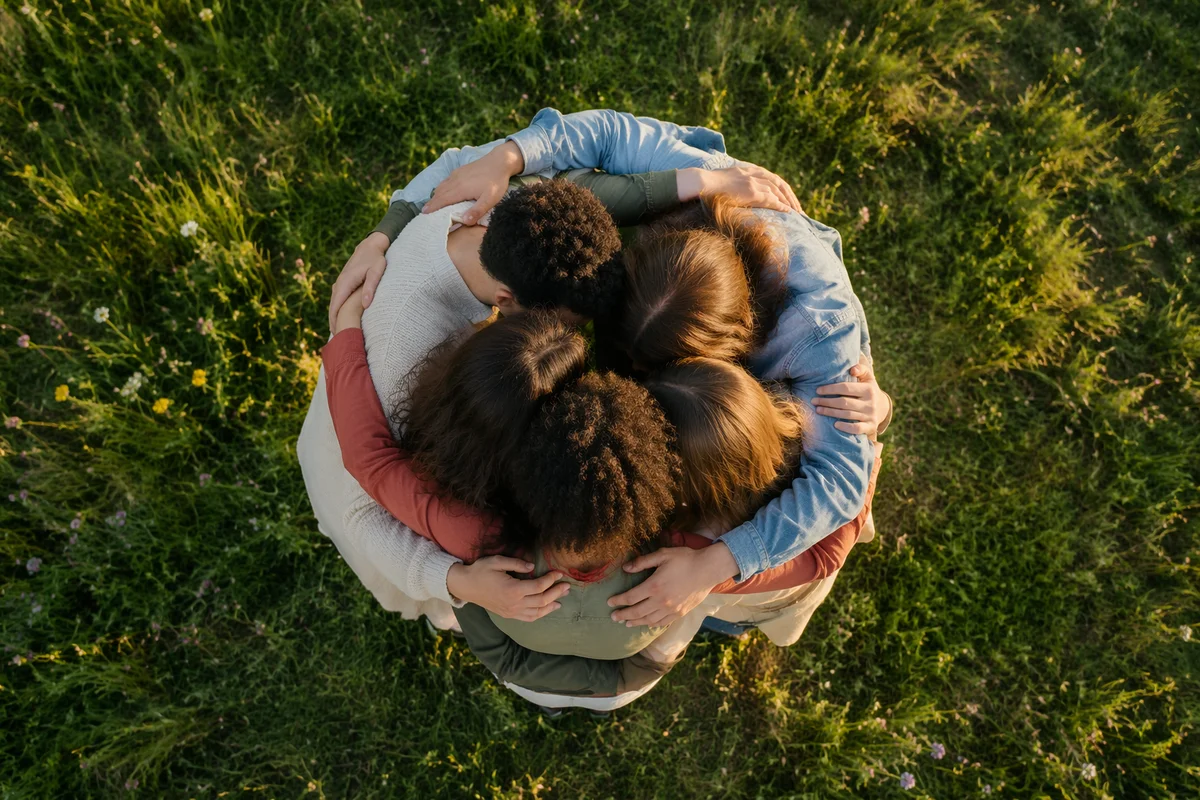 Overhead Friends Group Hug in Meadow